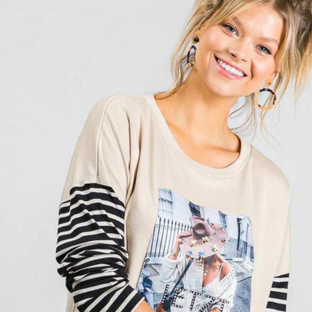 TAUPE GRAPHIC BEADED PRINT LONG SLEEVE TOP